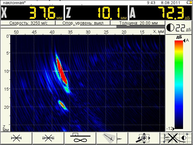 Экран дефектоскопа A1525 Solo в режиме «Томограф»